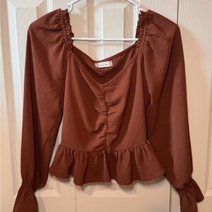 Altar'd State Rust Brown Peplum Long-Sleeve Blouse